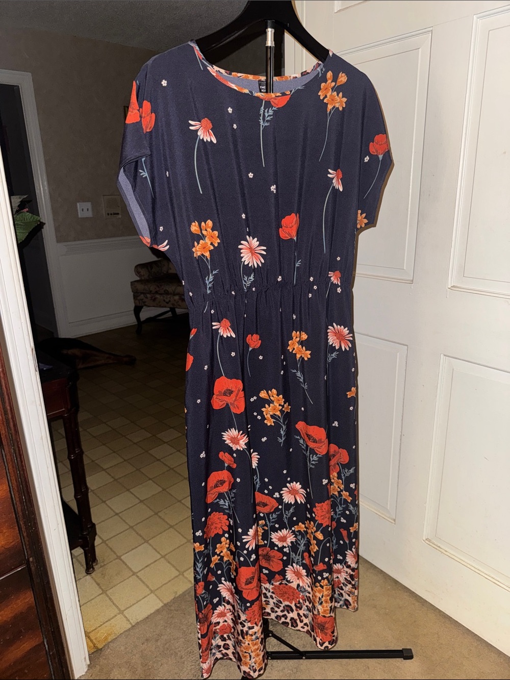 Navy Floral Maxi Dress with Red & Orange Blooms